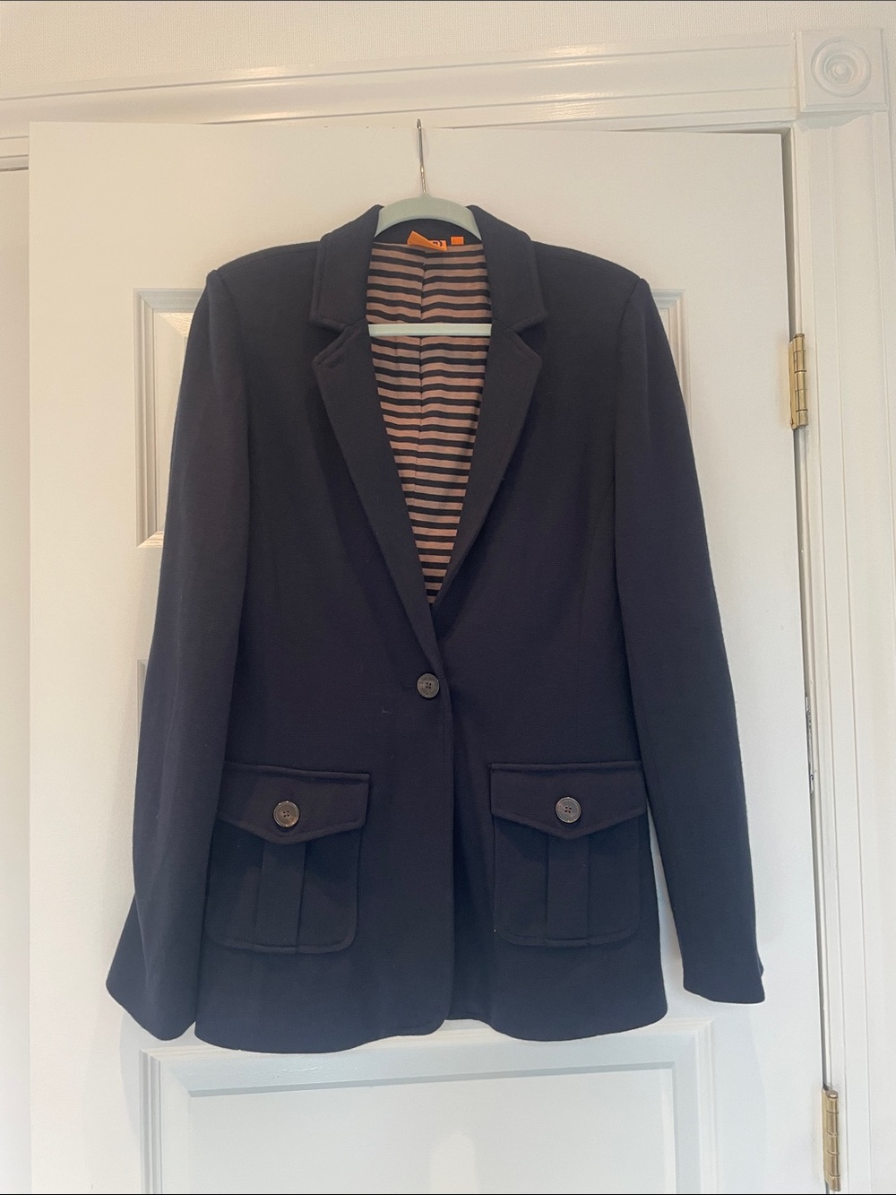 Tory Burch Navy Single-Button Blazer with Striped Lining